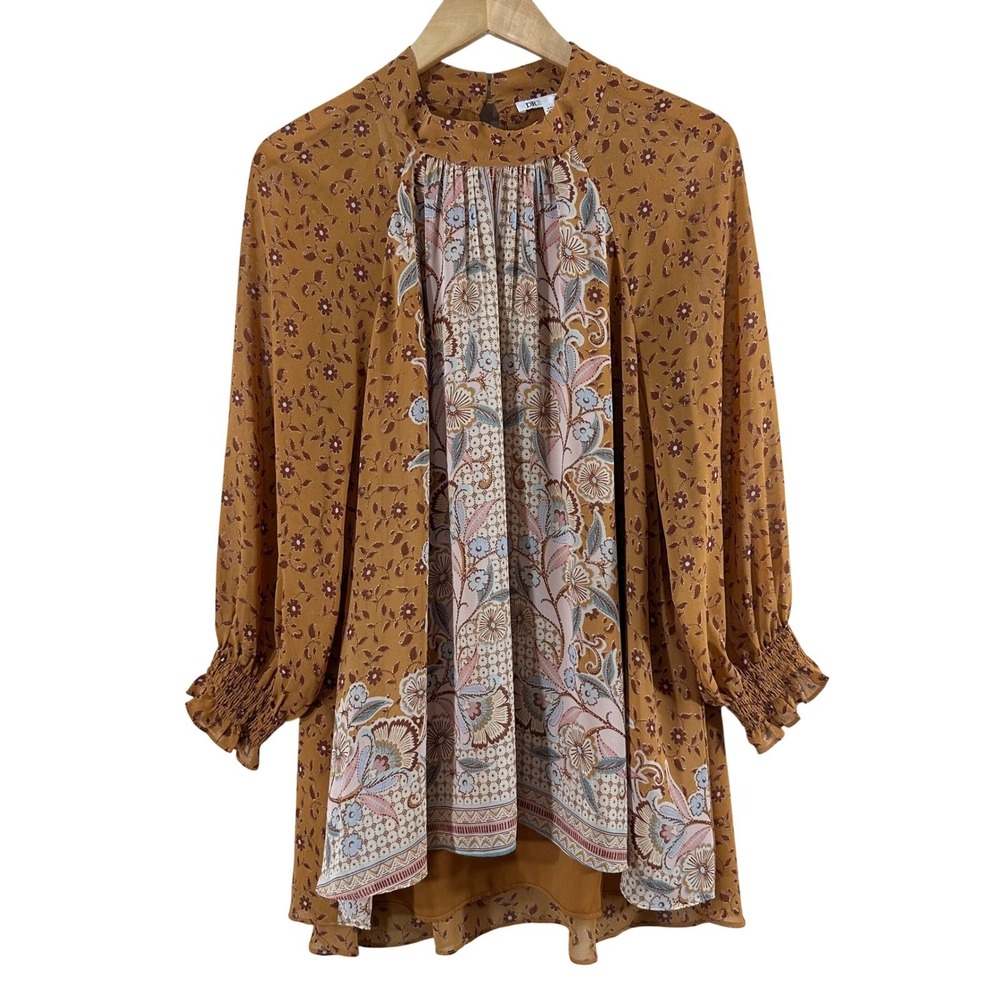 DR2 Mustard Floral Paisley Mock Neck Mini Dress XXL Smocked Cuff DR21153PG1